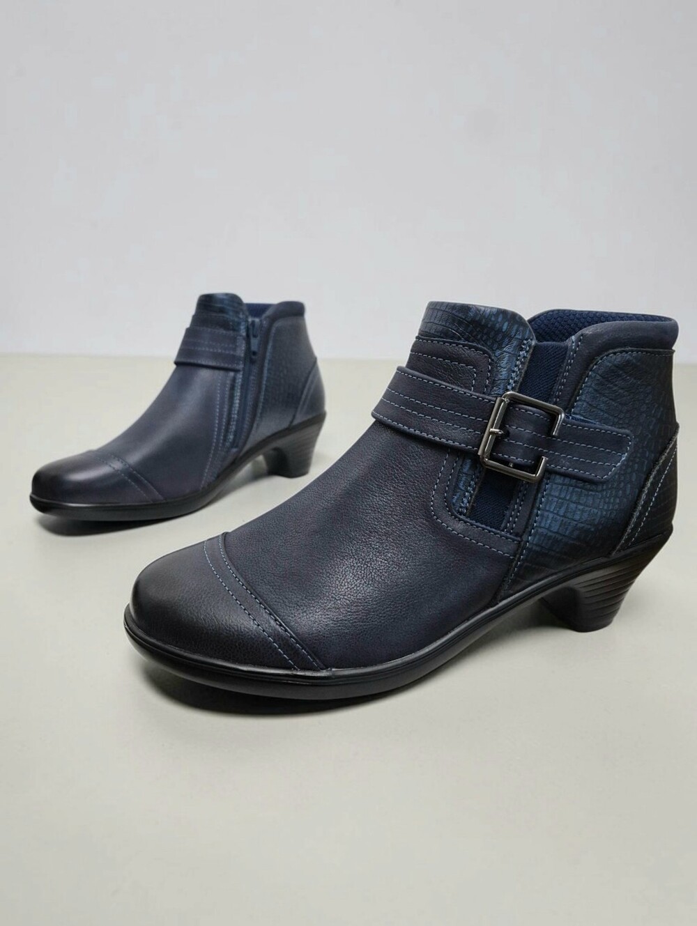 Orthofeet Emma Bioheels Comfort Leather heel ankle Boots 7.5 Navy Orthopedic